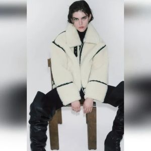 Zara Sherpa and Vegan Leather Jacket. Size Large. Long sleeve collared jacket.